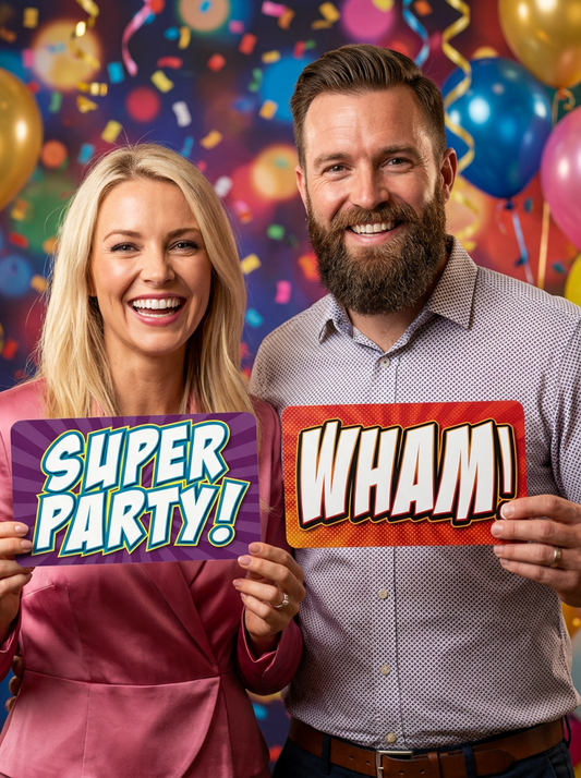 Comic Book Photo Booth Props - 6 Double-Sided Party Signs