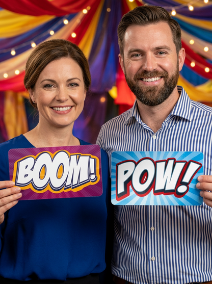 Comic Book Photo Booth Props - 6 Double-Sided Party Signs