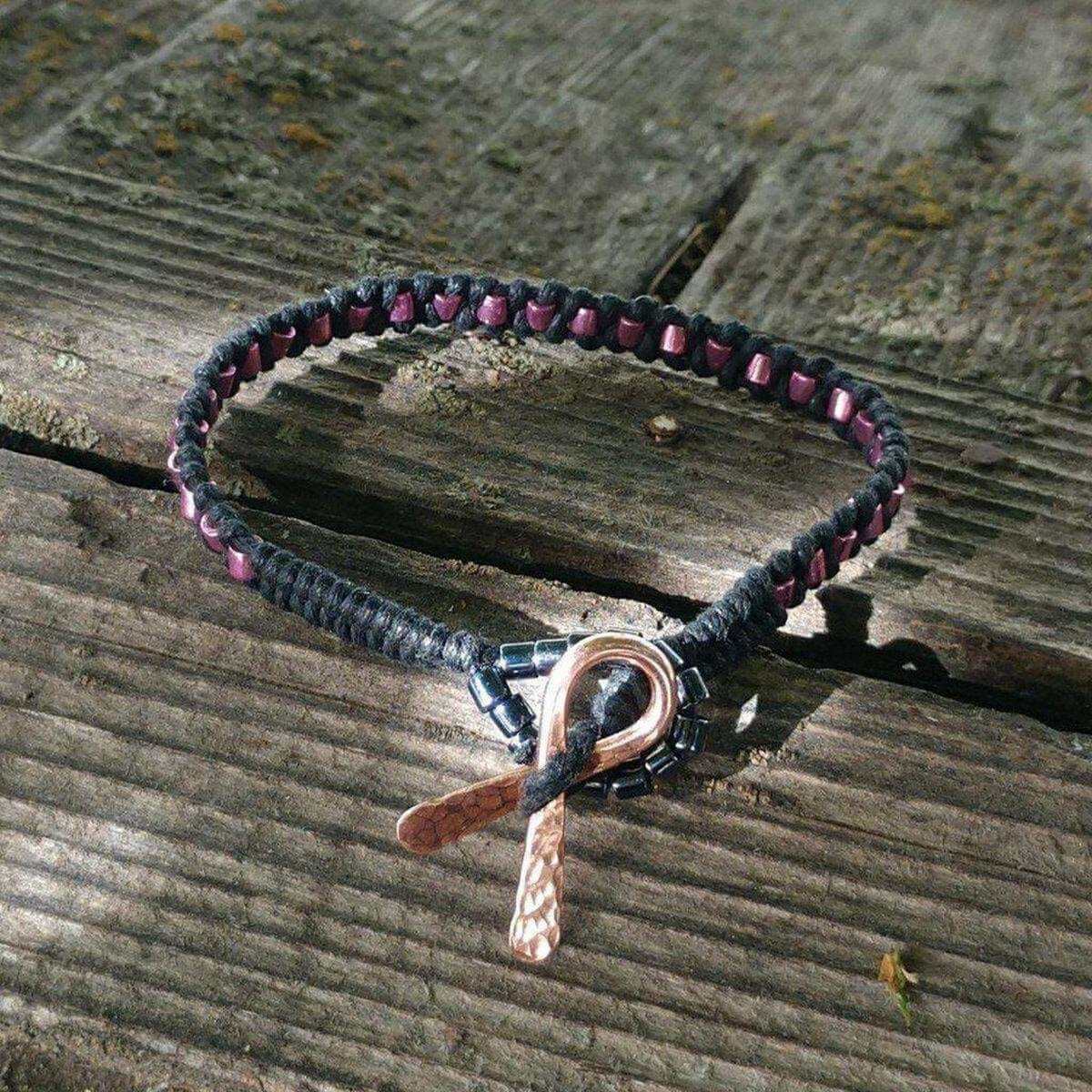 Copper Ribbon Black Pink Braided Breast Cancer Bracelet