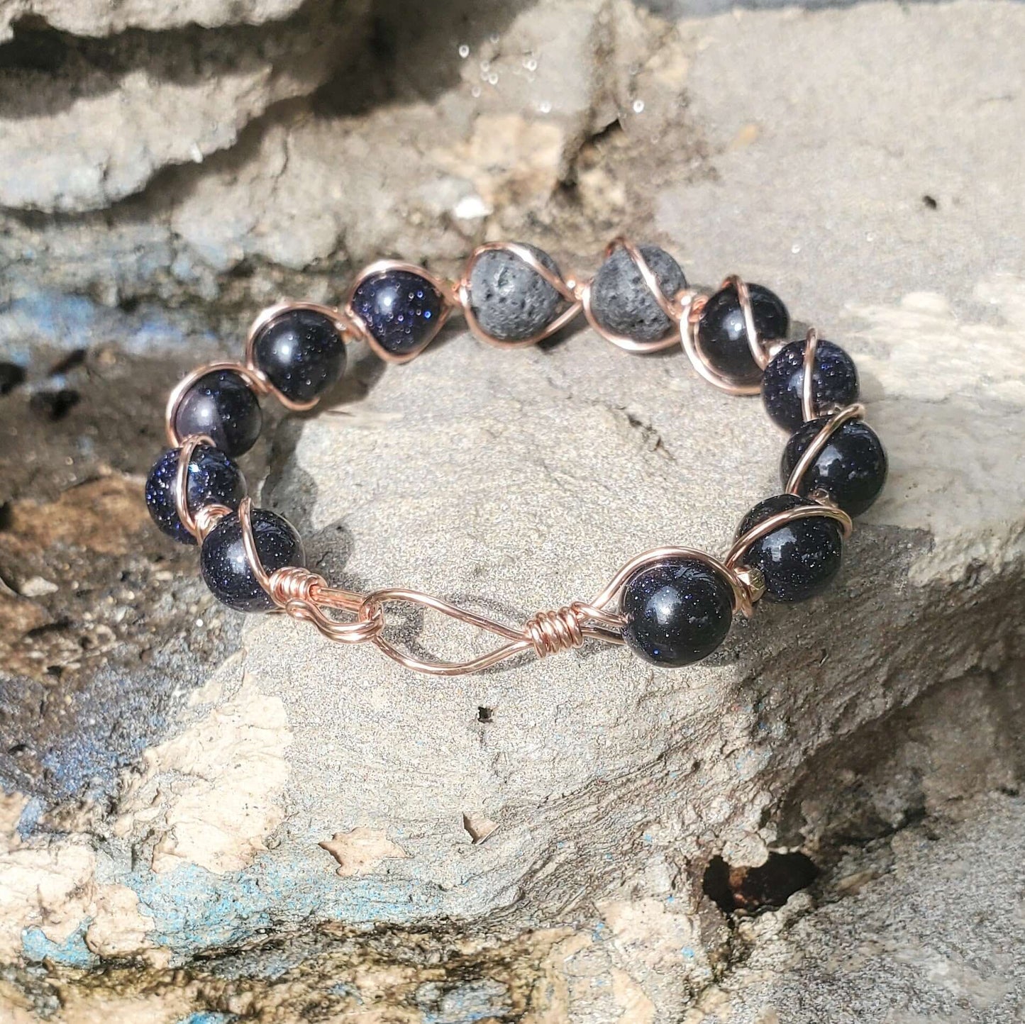 Copper Spiral Twist Wrap Blue Disco Sandstone Beads Lava Rock  Bangle Bracelet