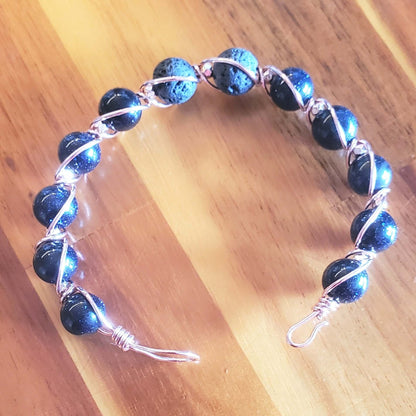 Copper Spiral Twist Wrap Blue Disco Sandstone Beads Lava Rock  Bangle Bracelet