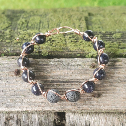 Copper Spiral Twist Wrap Blue Disco Sandstone Beads Lava Rock  Bangle Bracelet