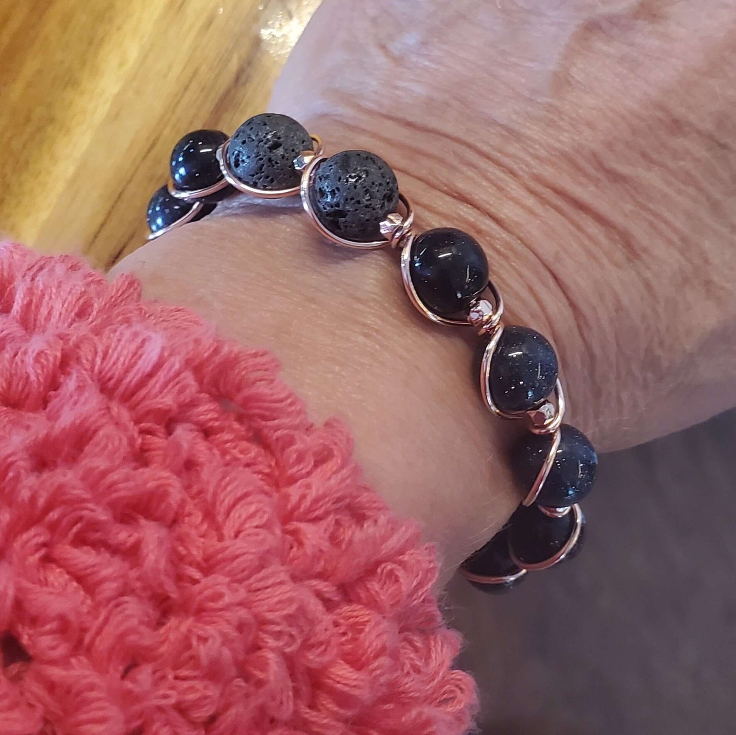 Copper Spiral Twist Wrap Blue Disco Sandstone Beads Lava Rock  Bangle Bracelet