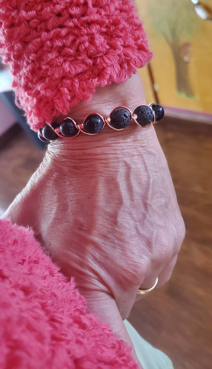 Copper Spiral Twist Wrap Blue Disco Sandstone Beads Lava Rock  Bangle Bracelet