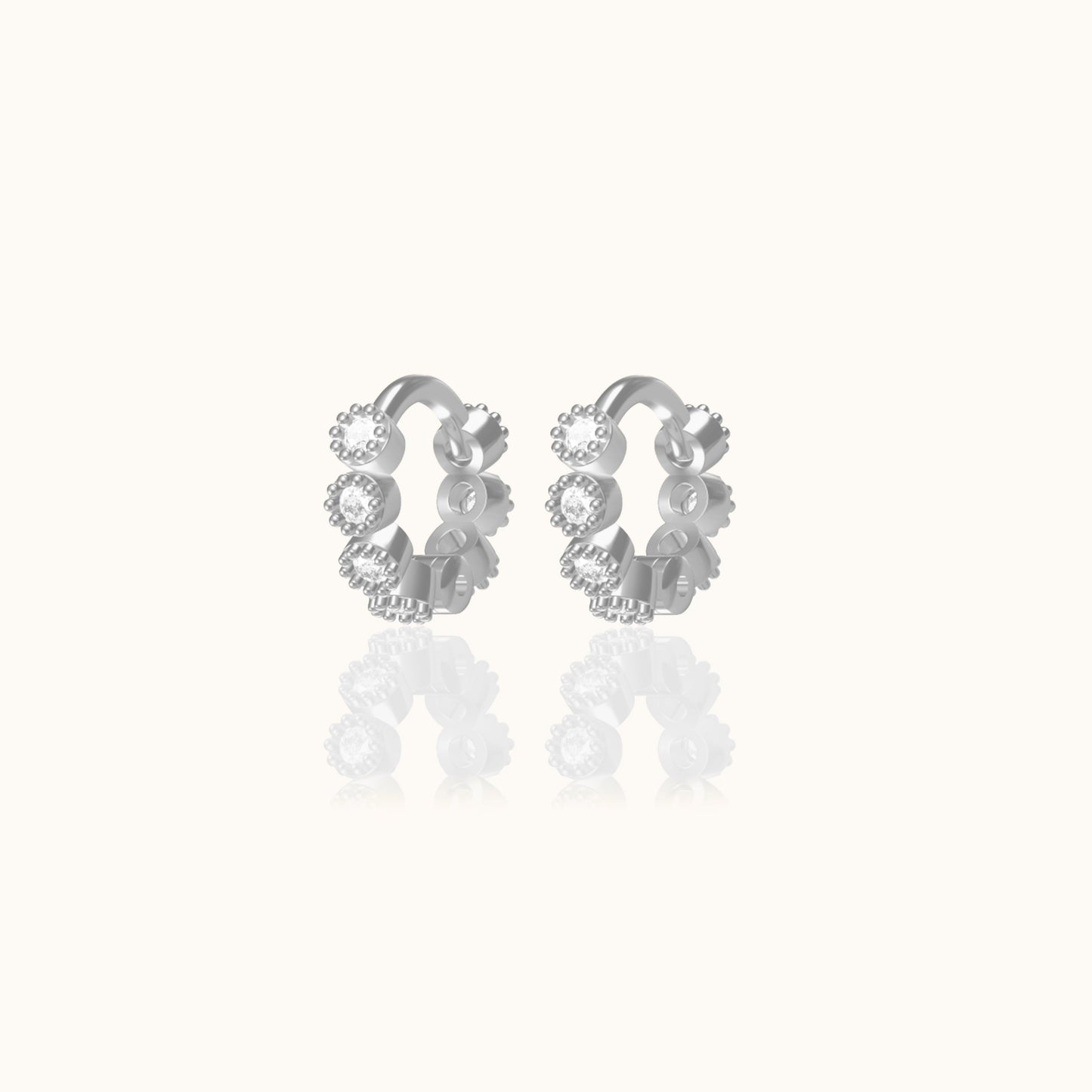 Crystal White CZ Bezel Set Bead Mini Hoop Earrings