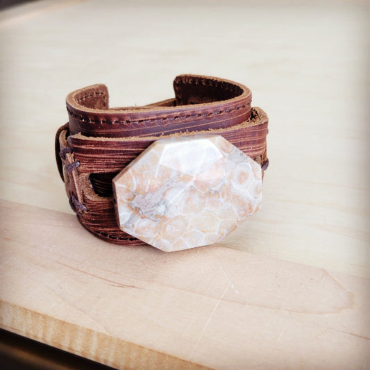 Fossil Corral Stone Wide Leather Cuff Bracelet 001aa