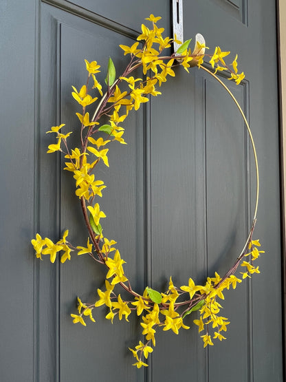 Modern Yellow Forsythia Spring Hoop Wreath