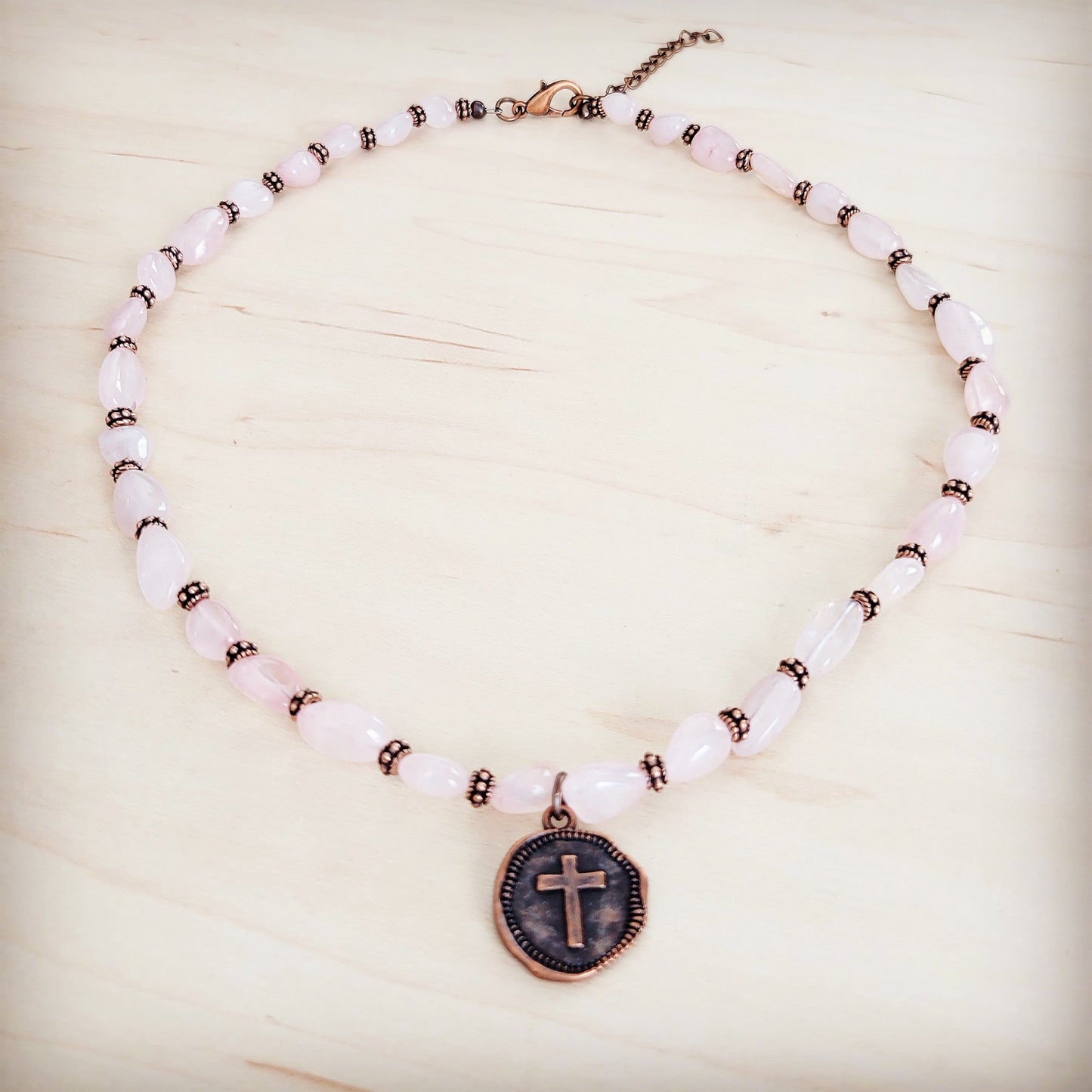 **Rose Quartz Collar Necklace w/ Copper Cross Round Charm 263j