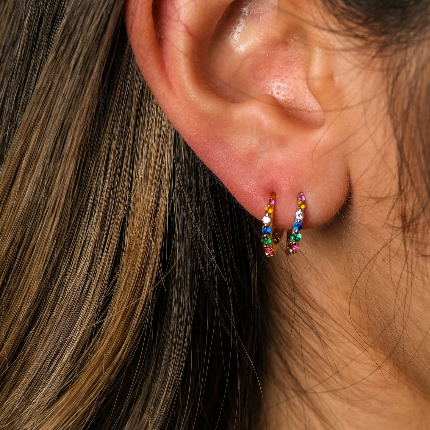 Multicolored Rainbow CZ Tiny Hoop Earrings