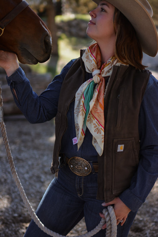 Corral and Floral Horse Western  Rider Cowgirl Scarf: Large 100% Mulberry Silk 35x35 Wild Rag