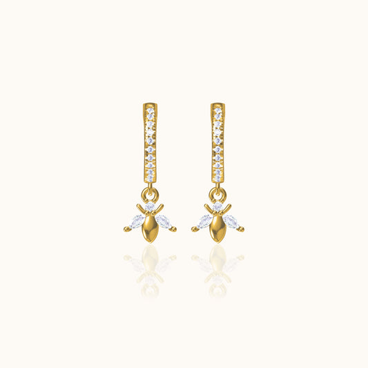Dainty Bee Hoop Earrings with White Stone