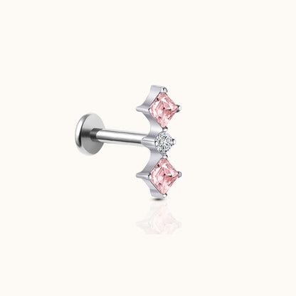 Diamond Shaped Pink CZ Bar Threadless Labret Titanium Flat Back Earring