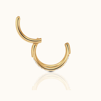 Double Circle CZ Pave Clicker Titanium PVD Gold Hinged Hoop Earring