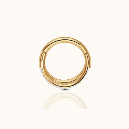 Double Circle CZ Pave Clicker Titanium PVD Gold Hinged Hoop Earring