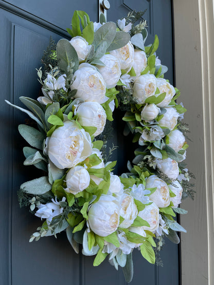 White Peony and Lambs Ear Spring Wreath
