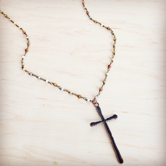 Genuine Natural Agate Long Beaded Necklace with Antique Copper Cross 262z