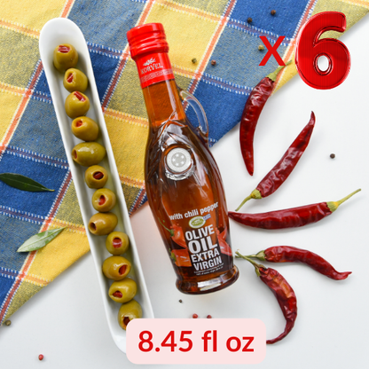 KORVEL Greek Extra Virgin Olive Oil with Chili Pepper - 8.45 fl oz (250ml) - 6 Pack