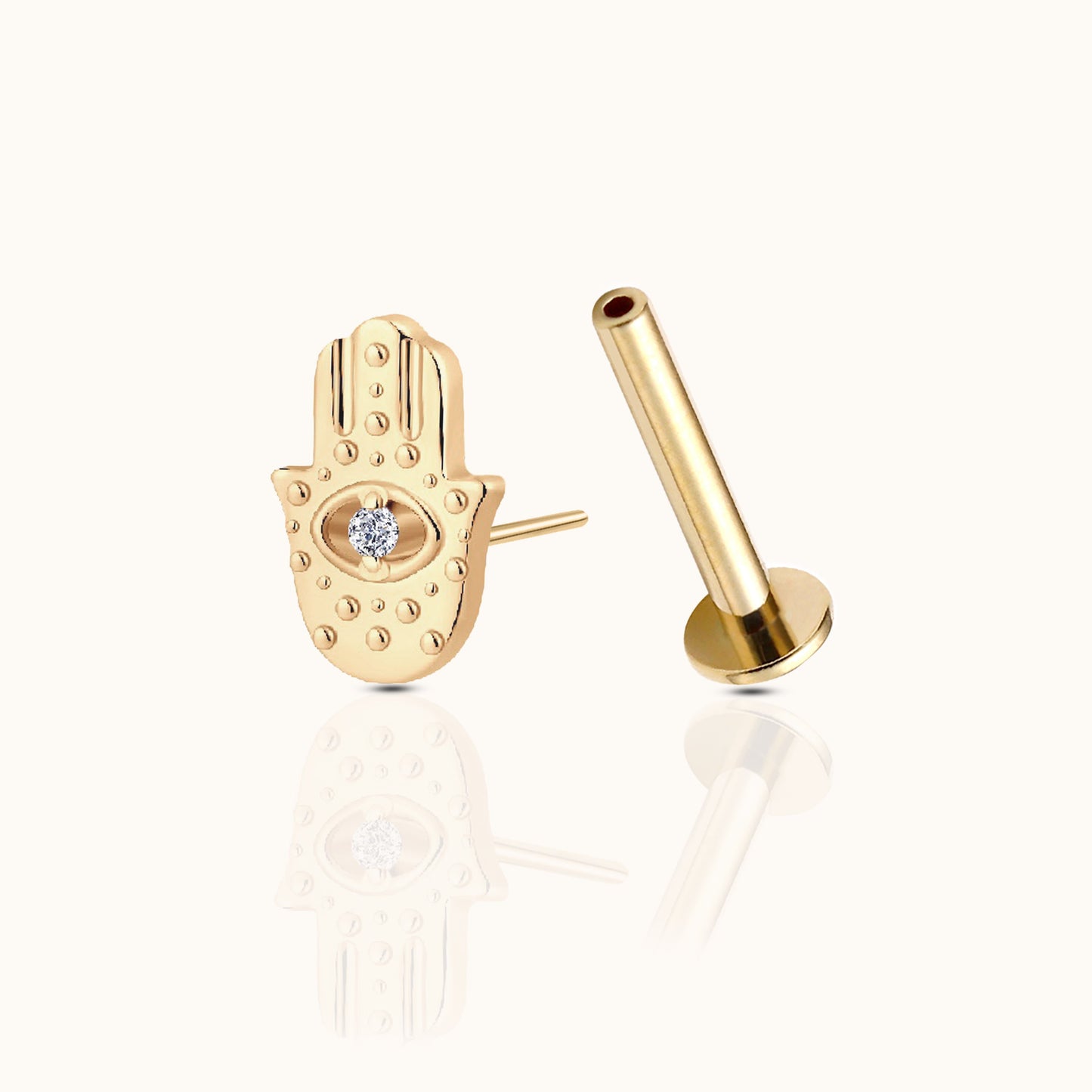 Evil Eye Protective Hamsa Hand Threadless Labret Titanium PVD Gold Flat Back Earring