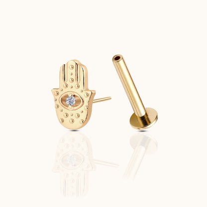 Evil Eye Protective Hamsa Hand Threadless Labret Titanium PVD Gold Flat Back Earring