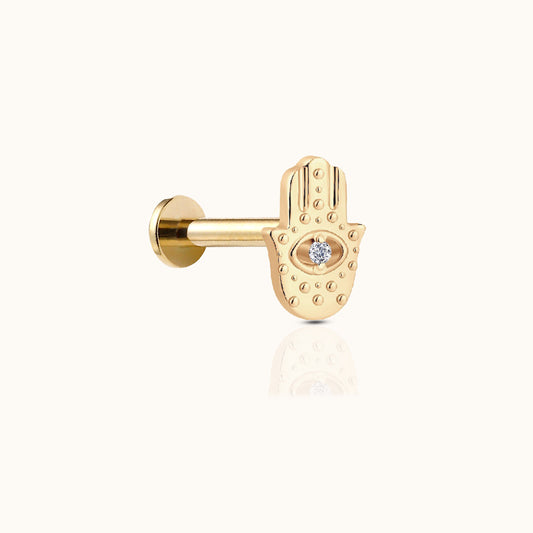 Evil Eye Protective Hamsa Hand Threadless Labret Titanium PVD Gold Flat Back Earring