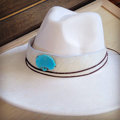 Wide Hair Hide Leather White Hat Band w/ Turq  954n
