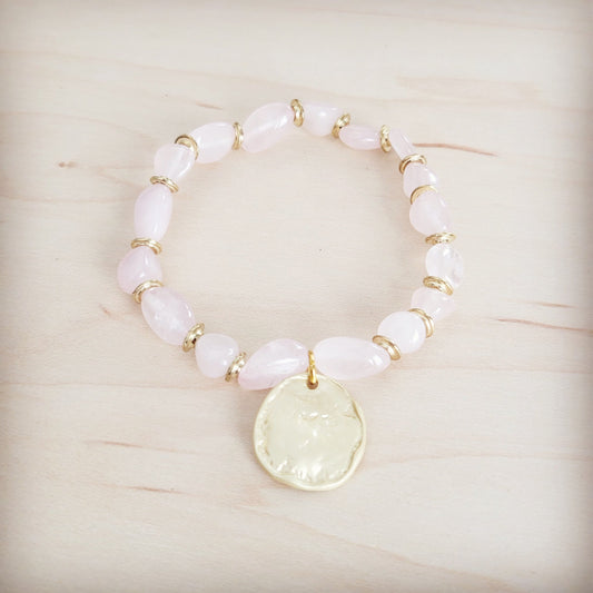 **Rose Quartz Beaded Stretch Bracelet w/ Gold Coin Charm 811u