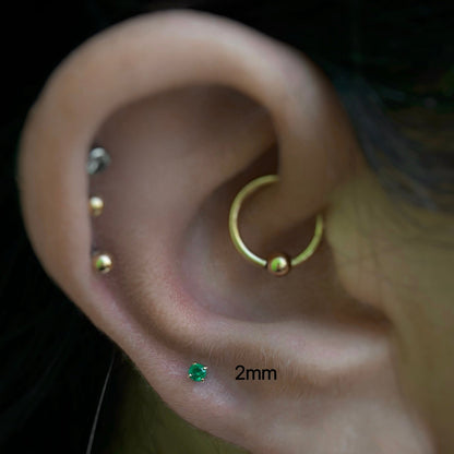 14K Solid Gold 2mm Emerald Green CZ Threadless Labret Flat Back Earring