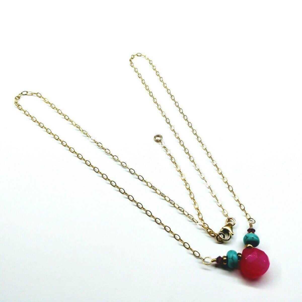 Pink Chalcedony Drop and Turquoise Gold Filled Necklace