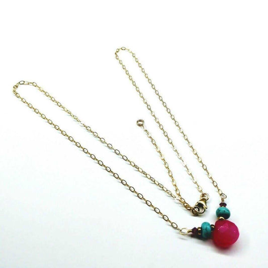 Pink Chalcedony Drop and Turquoise Gold Filled Necklace