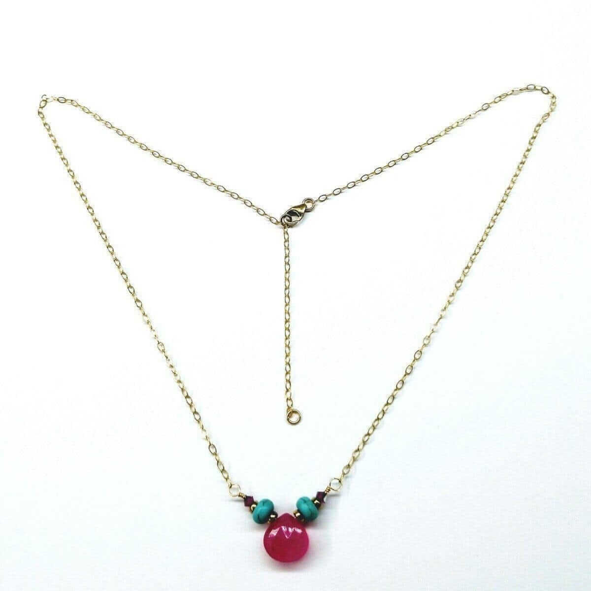 Pink Chalcedony Drop and Turquoise Gold Filled Necklace