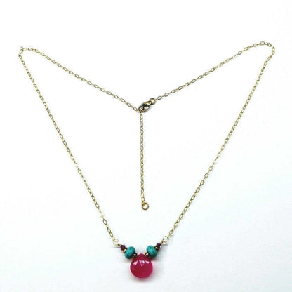 Pink Chalcedony Drop and Turquoise Gold Filled Necklace