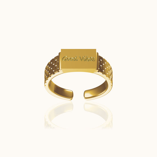 Doviana Signature Good Vibes Gold Cubic Engraved Ring