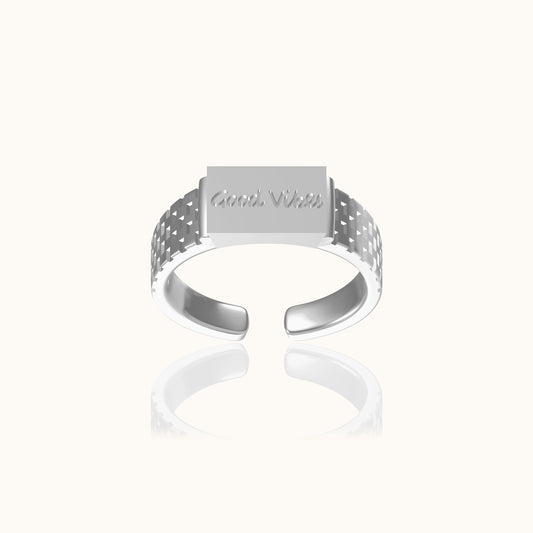 Doviana Signature Good Vibes Silver Cubic Engraved Ring
