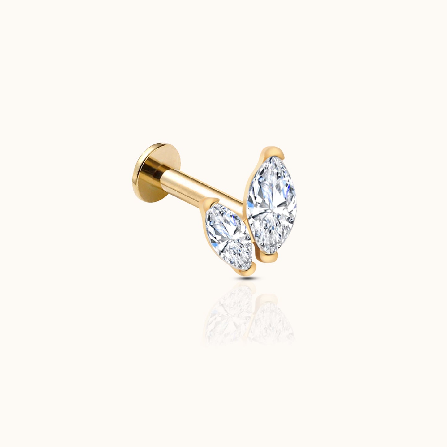 Graduated Double Marquise CZ Threadless Labret Titanium PVD Gold Flat Back Earring