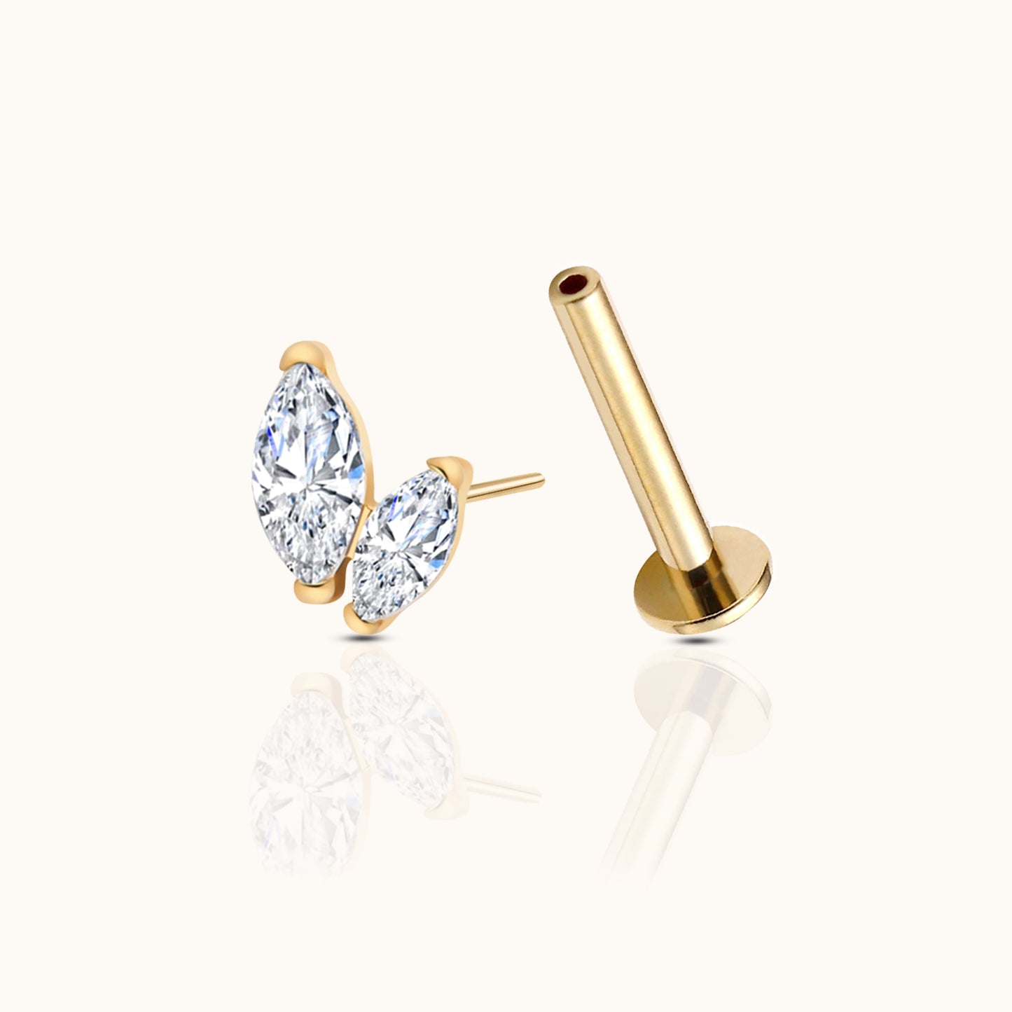 Graduated Double Marquise CZ Threadless Labret Titanium PVD Gold Flat Back Earring