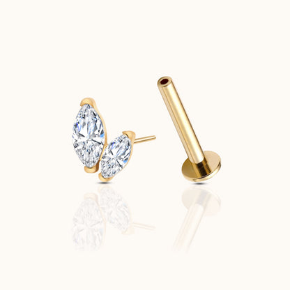 Graduated Double Marquise CZ Threadless Labret Titanium PVD Gold Flat Back Earring
