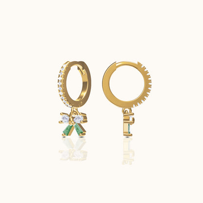 Green Bow Ballerina Ribbon CZ Dangle Hoop Earrings