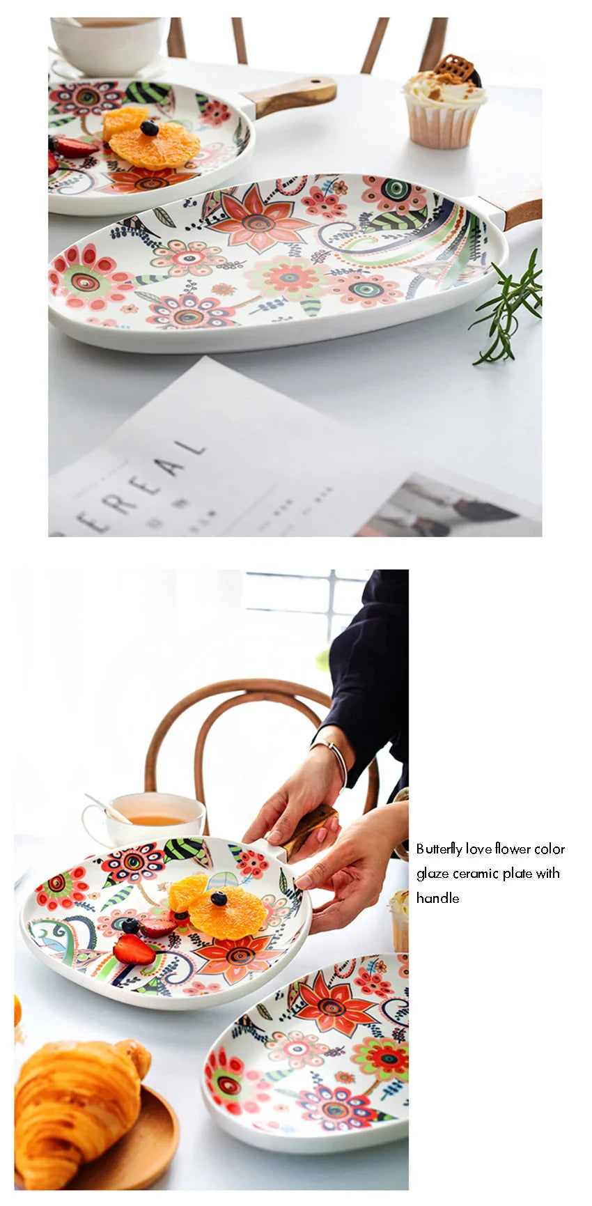 Ceramic Salad Plates with Handle,Porcelain Dinner Plates,Colorful Floral Pattern Serving Plate for Desserts Sandwiches Dishes 접시