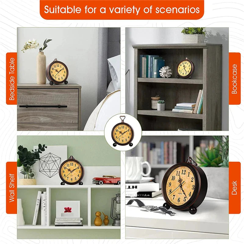 Vintage Hangable Battery Alarm Clock Metal Night Light Super Silent Table Desk Quartz Clock Time For Bedroom Bedside Desk Shelf