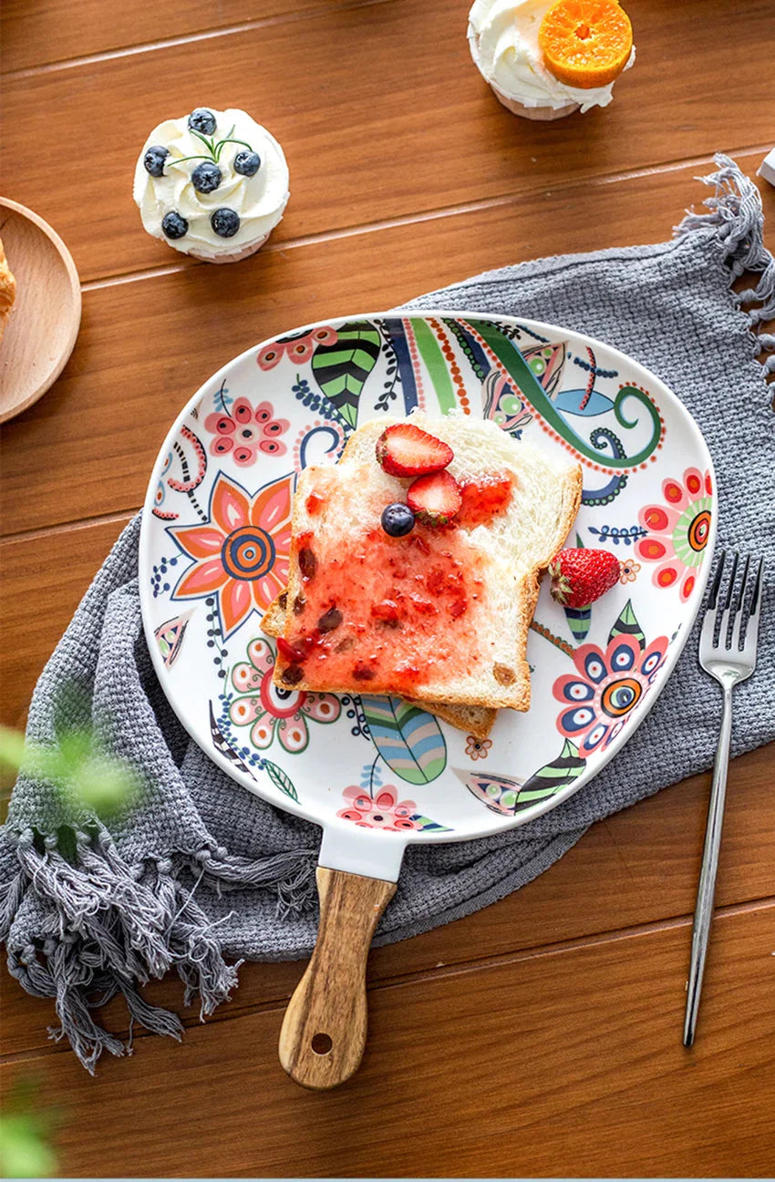 Ceramic Salad Plates with Handle,Porcelain Dinner Plates,Colorful Floral Pattern Serving Plate for Desserts Sandwiches Dishes 접시