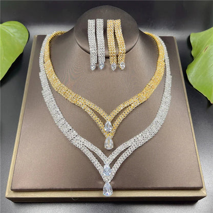 Fashion Crystal Bridal Jewelry Sets Silver Color Geometric Choker Necklace Earrings Bracelet Ring Four-piece Wedding Jewelry Set
