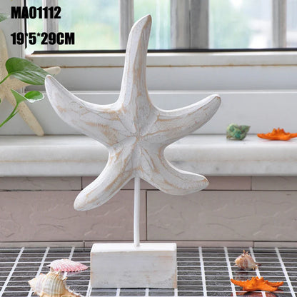 Mediterranean Style Wood Crafts Starfish Conch Hippocampus Wood Carving Marine Garden Decoration Ornaments Home Decoration