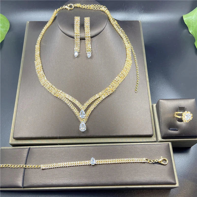 Fashion Crystal Bridal Jewelry Sets Silver Color Geometric Choker Necklace Earrings Bracelet Ring Four-piece Wedding Jewelry Set