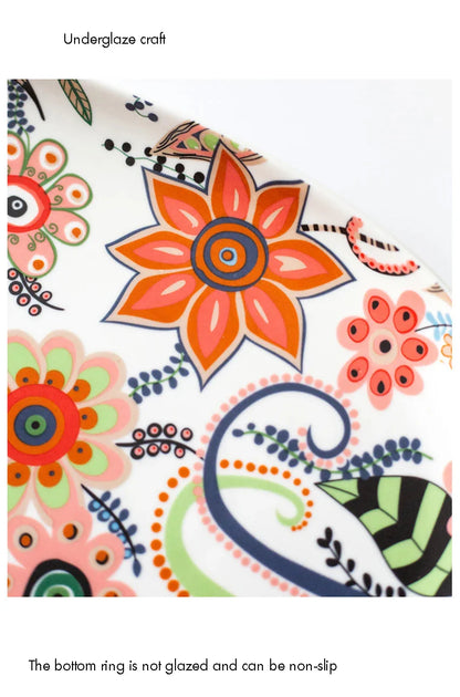 Ceramic Salad Plates with Handle,Porcelain Dinner Plates,Colorful Floral Pattern Serving Plate for Desserts Sandwiches Dishes 접시