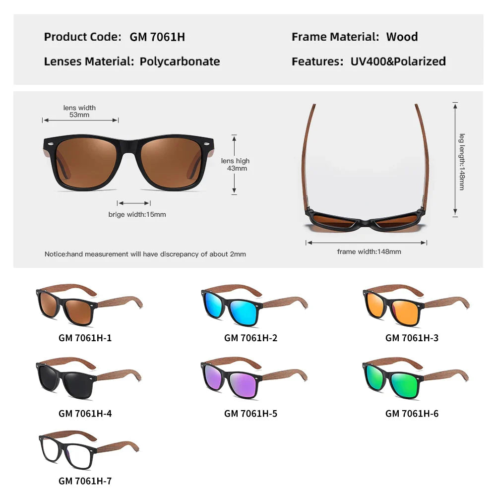 GM Environment-Friendly Retro Walnut Wood Sunglasses UV400 Polarized Bamboo Sunglasses Men's Fashion Trendy Anti Blue Lens 7061h