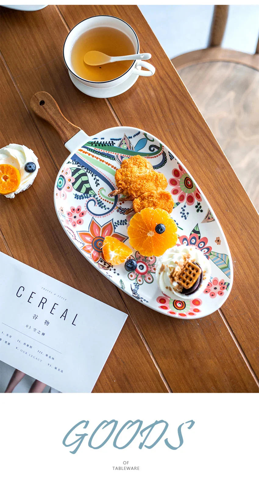 Ceramic Salad Plates with Handle,Porcelain Dinner Plates,Colorful Floral Pattern Serving Plate for Desserts Sandwiches Dishes 접시