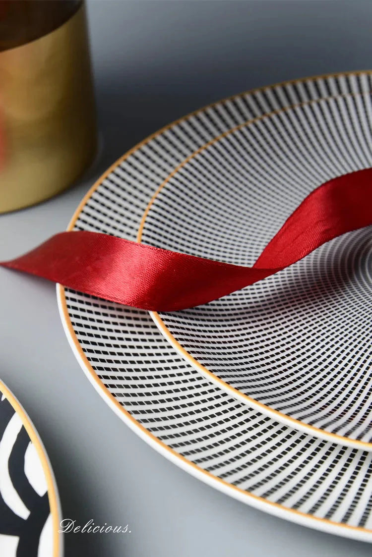 Geometric Design Gold Plating Meal Plate Porcelain Kitchen Dinner Plates Ceramics Food Tray Salad Dish 6/8/10 Inch 1Pcs
