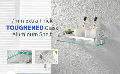 Tempered Glass Bathroom Shelf Aluminum Storage Rack Rectangular 30 40 50cm 1 Tier Silver Sand Sprayed Wall Mounted