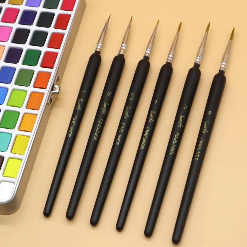 SeamiArt 6Pcs Fine Hook Line Pen Different Size 000 00 0 1 2 3 Paint Brush Artist Gouche Watercolor Acrylic Painting Supplies