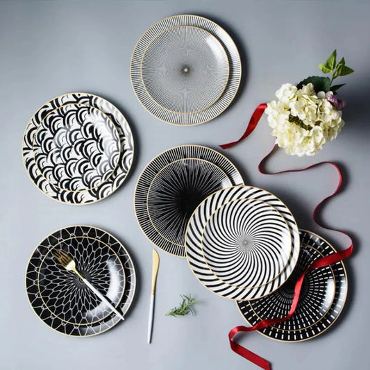Geometric Design Gold Plating Meal Plate Porcelain Kitchen Dinner Plates Ceramics Food Tray Salad Dish 6/8/10 Inch 1Pcs